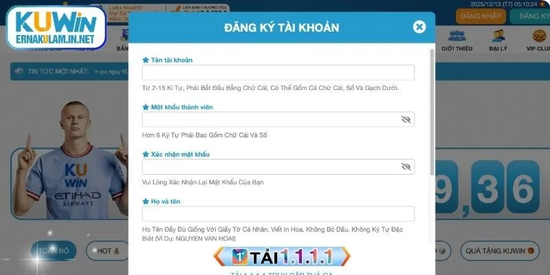 Giao diện gợi ý cách đăng ký KUWIN